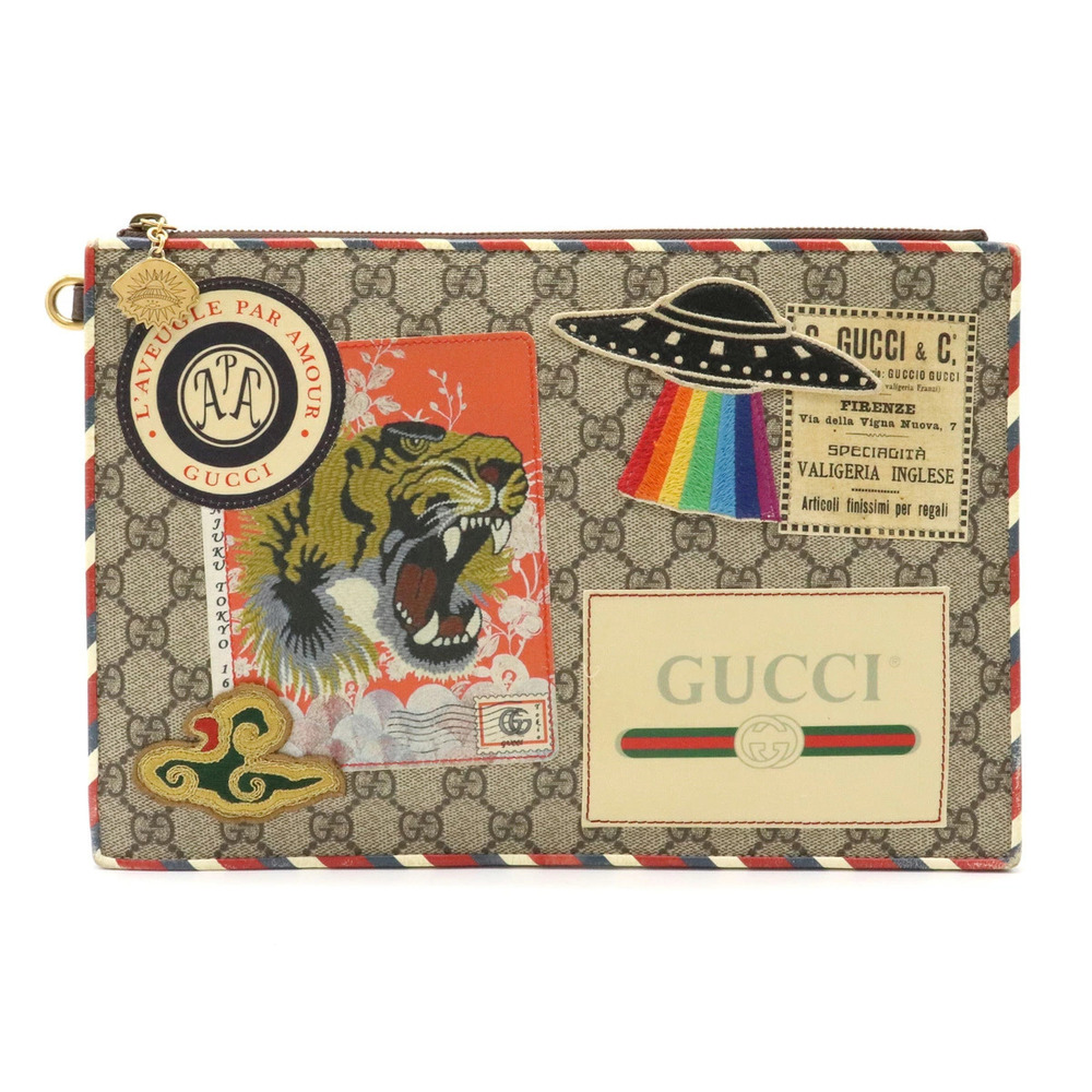 Gucci GG Supreme Courier Bag Shoulder Tiger UFO Patch Beige Cream Multicolor